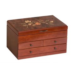 a small wooden box with flowers painted on it's sides and drawers in the front