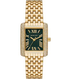 From Michael Kors&#x2C; the Women's Emery Three-Hand Gold-Tone Stainless Steel Bracelet Watch features: Gold tone stainless steel bracelet and caseGreen dialAdjust-o-matic closureThree-hand movementBand width approx. 18mmCase size approx. 43mmCase thickness approx. 8.3mm Inner Circumference: 190 /- 5mmWater Resistance: 5 ATMImported. Three Hands, Watch Sale, Stainless Steel Watch, Minerals Crystals, Steel Bracelet, Leather Band, Michael Kors Watch, Stainless Steel Bracelet, Quartz Movement