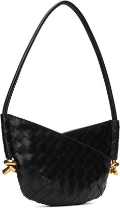 Intrecciato-woven grained lambskin shoulder bag in black. · Fixed shoulder strap · Knotted hardware at sides · Zip closure · Suede lining · H6 x W9.75 x D1.5 · Total height: H15.5 Supplier color: Black/Brass Modern Intrecciato Weave Shoulder Bag For Work, Luxury Woven Leather Shoulder Bag For Work, Designer Woven Leather Shoulder Bag For Formal Occasions, Elegant Woven Leather Shoulder Bag For Work, Designer Woven Leather Shoulder Bag For Evening, Designer Business Shoulder Bag With Braided Handles, Designer Shoulder Bag With Braided Handles For Business, Chic Business Shoulder Bag With Intrecciato Weave, Luxury Shoulder Bag With Braided Handles For Formal Events