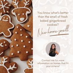 gingerbread cookies with white icing on them and an ad for new home smell