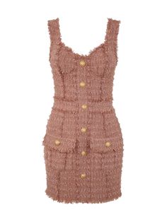 Balmain Tweed Dress, Balmain Tweed, Tweed Mini Dress, Brown Mini Dress, Balmain Dress, Tweed Dress, Pink Mini Dresses, Fringe Trim, Curator Style