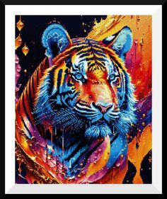 a cross stitch pattern of a tiger with colorful paint splatters on it's face