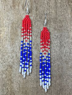 Beaded fringe earrings from our 'Prime Collection'. Red, white, blue, silver; Handmade in the USA Handmade Blue Earrings For 4th Of July, Blue Patriotic Beaded Earrings As Gift, Patriotic Blue Beaded Earrings As Gift, Handmade Blue Patriotic Earrings, Handmade Patriotic Dangle Beaded Earrings, Handmade Red Beaded Earrings For 4th Of July, Handmade White Earrings For 4th Of July, Beaded Fringe Earrings, Bracelets Handmade Beaded