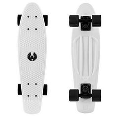 the skateboard is white with black wheels and spokes on it's side