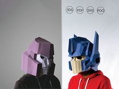 two men wearing masks made out of paper, one in red and the other in blue