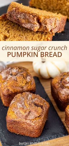 cinnamon sugar crunch pumpkin bread is cut in half and placed on a black cutting board