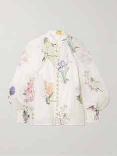 Shop ZIMMERMANN Natura floral-print linen and silk-blend blouse, Explore the latest ZIMMERMANN women's collection today on NET A PORTER Floral Shirt Outfit, Flowery Blouse, Botany Art, Floral Prints Fashion, Blouses Designs, Billowy Sleeves, White Blouses, Blouse Silk, Skater Dresses