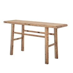 a wooden table with two legs and a long, narrow top on an isolated white background