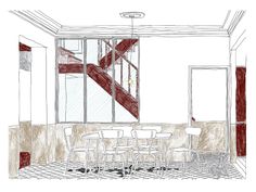 a drawing of a dining room with chairs and a table in front of a staircase