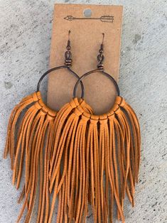 Mustard leather fringe earrings leather earrings fringe | Etsy Brown Fringe Tassel Earrings For Festivals, Bohemian Brown Fringe Earrings, Brown Fringe Tassel Dangle Earrings, Brown Fringe Dangle Tassel Earrings, Brown Dangle Tassel Earrings With Fringe, Leather Fringe Earrings, Staple Earrings, Earrings Bohemian, Handmade Wire