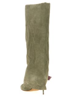 'Uma' suede boots with decorative side strap, lacquered stiletto heel. Composition: 100% calfskin leather Designer Suede Heeled Boots For Fall, Luxury Suede Knee-high Boots With Pointed Toe, Formal Suede Boots With Wrapped Heel, Designer Suede Heeled Boots With Pointed Toe, Luxury Suede Heeled Boots With Pointed Toe, Designer Suede Boots For Work, Luxury Suede Boots For Workwear, Luxury Pointed Toe Suede Heeled Boots, Luxury Suede Knee-high Boots For Formal Occasions