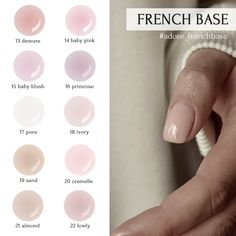 FRENCH BASE offers a palette of camouflage bases in perfect French shades, designed to enhance and tone the natural nail color. These bases provide an elegant, seamless finish, ideal for creating classic French manicures with a natural look. Elastic base of comfortable medium-thick consistency. Suitable for minimal leveling of Nail plates in the technique of leveling with liquid bases. It is recommended for application on a layer of the priming base-substrate. They are used as a camouflaging bas Natural Nail Color, French Nail Polish, Taupe Nails, Nail Paint Shades, French Manicures, Classic French Manicure, Nail Plate, Nail Paint, Floral Nails