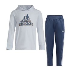 This two-piece adidas hooded tee and pants set makes it easy on kids and parents alike. Kids love the sporty look and how easy the set is to wear. You'll appreciate that it's durable and easy to keep clean. The set includes an all-cotton hooded top and track suit-style pants with a stretch waistband.# Pieces In Set: 21st Piece Description: Hoodie1st Piece Fabric: Jersey1st Piece Fiber Content: 100% Cotton1st Piece Care: Machine Wash, Tumble Dry2nd Piece Description: Pants2nd Piece Closure Type: Adidas Cotton Activewear, Adidas Cotton Sporty Activewear, Cotton Activewear With Three Stripes For Sports Season, Cotton Activewear For Outdoor Sports Season, Spring Adidas Cotton Activewear, Blue Cotton Activewear For Outdoor Activities, Sporty Activewear For Outdoor Activities With Graphic Print, Sportswear Cotton Activewear With Three Stripes Branding, Cotton Sportswear With Three Stripes Branding