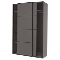 a gray cabinet with two doors and shelves