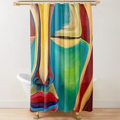 a colorful shower curtain with an abstract painting on it's side and a white tub in the background