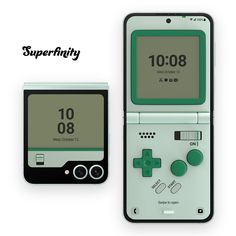 an old nintendo wii game console with the words superfinity on it's screen