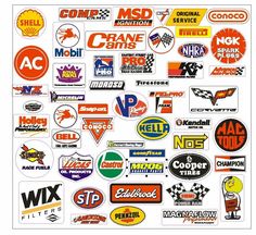 many different stickers are shown on a white background, including orange and yellow logos