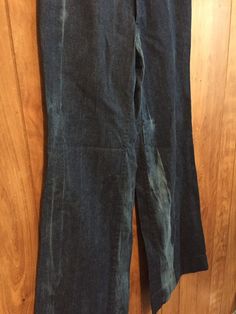 "The coolest vintage wide leg denim jeans! Trouser style fit, high on the waist. Big streaks down front and back with faded dye. Large belt loops. Large hip pockets, no pockets on butt. Made by Vicerer. Condition is like new. Sizing is modern 6/8, see measurements below: 28\" waist 36\" hips 32.5\" inseam 12\" leg opening laid flat" Fitted Acid Wash Denim Pants, Dark Wash Cotton Flare Jeans With Belt Loops, Medium Wash Wide Leg Grunge Jeans, Fitted Cotton Stonewashed Bottoms, Fitted Stonewashed Cotton Bottoms, Faded Wide-leg Fitted Jeans, Grunge Style Medium Wash Wide Leg Flare Jeans, Grunge Wide Leg Flare Jeans In Medium Wash, Grunge Dark Wash Wide Leg Pants