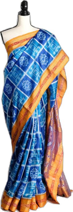 Traditional Blue Pre-draped Saree For Navratri, Blue Art Silk Pre-draped Saree With Traditional Patterns, Blue Silk Pre-draped Saree For Traditional Ceremonies, Festive Blue Handloom Pre-draped Saree, Blue Cotton Silk Pre-draped Saree With Zari Weaving, Blue Cotton Silk Pre-draped Saree For Diwali, Traditional Blue Handloom Pre-draped Saree, Traditional Ikat Print Pre-draped Saree For Festivals, Eid Blue Cotton Silk Pre-draped Saree