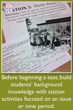 some papers with pictures on them and the words before beginning a text, build students'background knowledge with station activities focused on an issue or time period