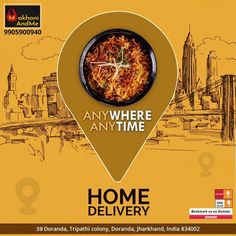 an advertisement for home delivery with a clock on the front and cityscape in the back