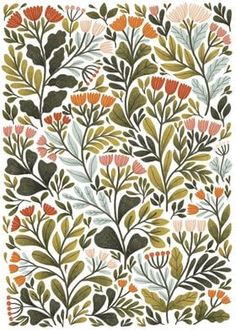 an abstract floral pattern with leaves and flowers on white background, suitable for wallpaper or fabric