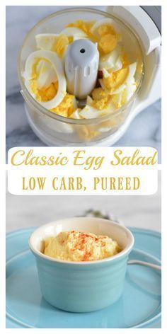 an egg salad in a bowl with the words classic egg salad low carb, pured