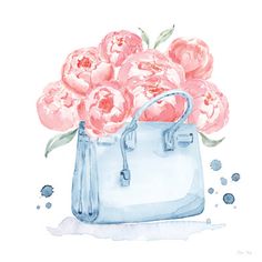 a watercolor painting of pink flowers in a blue handbag on a white background