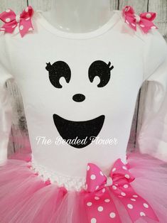 "Halloween Orders Last day to order for guarantee delivery for halloween will be Oct. 22. Thank you. This adorable ghost costume will look adorable on any little one. Please select the size needed when ordering. Top will be a long sleeve bodysuit/shirt with a glitter vinyl ghost face image on the front. The tutu skirt will be a mixture of pink tulle made on a crochet band with two layers and a removable bow on an alligator clip. Please add in the personalized box if you want the shoulder bows ad Cute Halloween Costume Tutu Dress, Cute Tutu Dress For Halloween Costume, Pink Fitted Tutu Dress For Halloween, Fitted Tutu Dress For Birthday Halloween, Donut Themed Birthday Party, Pink Tutu Skirt, Green Tutu, Baby Costumes Girl, Ghost Ghost