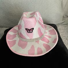 Pink Cow Print Cowgirl Hat, Handmade And Never Worn! Trendy Bucket Hat For Party, Trendy Party Bucket Hat, Trendy Pink Adjustable Sun Hat, Trendy Pink Brimmed Hat, Trendy Pink Wide Brim Sun Hat, Trendy Wide Brim Pink Sun Hat, Trendy Pink Fedora Sun Hat, Trendy Pink Fedora For Beach, Trendy Pink Brimmed Mini Hats