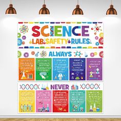 science lab safety rules poster on the wall in a room with wooden floors and pendant lights