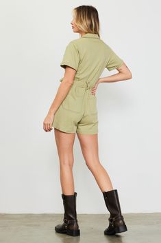 Washed for a gently lived-in character, this utility-inspired twill romper is a one-and-done piece for effortless warm-weather dressing. Tie up the waist with the matching belt, and finish the look with sneakers or strappy sandals. •Short sleeves •Notched collar •Button front •Multipocket styling •Optional self-tie belt Item Number: 73683 97% COTTON 3% SPANDEX MACHINE WASH COLD TUMBLE DRY LOW Khaki Cotton Jumpsuits And Rompers For Fall, Khaki Utility Jumpsuits And Rompers, Casual Cargo Jumpsuits And Rompers For Work, Summer Utility Cotton Jumpsuits And Rompers, Cotton Utility Jumpsuits And Rompers For Summer, Utility Cotton Jumpsuits And Rompers For Summer, Summer Utility Jumpsuits And Rompers, Spring Cargo Style Fitted Jumpsuits And Rompers, Summer Shortalls With Side Pockets And Relaxed Fit