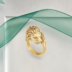 Ross-Simons - Italian 18kt Yellow Gold Lion Head Ring Size 5. Let our lion head ring from Italy remind you of your strength and courage. Bold yet comfortable to wear, the fearless feline motif shines with a glossy high-polished finish. Finely crafted in 18kt yellow gold. 5/8" wide. 18kt yellow gold lion head ring. Gold Lion, Head Ring, Natural Gold, Ring Women, Women Men Shoes, Lion Head, Earring Sale, Size 10 Rings, Precious Metals