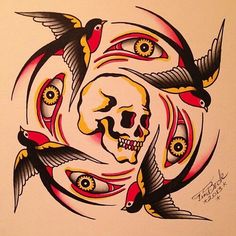 a drawing of a skull surrounded by birds