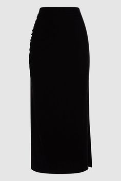 Find REISS Leona Velvet Ruched Midi Skirt on Editorialist. Upgrade your desk-to-dinner rotation with the Leona skirt, iterated here in a rich, velvet fabrication. This style sits high on the frame and features ruche detailing to the hips, accentuating your natural figure. Side slips are added for a sense of allure, whilst enhancing your movement all day long. Tuck into a white blouse for a timeless, refined edit. Velvet fabrication High rise Ruche detailing Midi length Side slips Pencil fit Cute Skirts Long, Long Black Skirts, Black Long Skirts, Black Fitted Skirt, Long Skort, Black Long Skirt, Long Black Skirt, Dinner Rotation, Ruched Midi Skirt