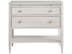 a white dresser with two drawers and one drawer on the bottom, in front of a white background