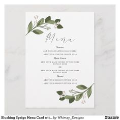 a menu card with greenery on it