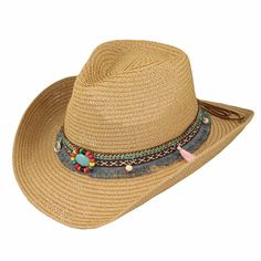 Straw cowboy hat for women. Colorful embroidered tassel band with turquoise beaded concha. C-crown with pinched front. Curled 3" wide brim with wired edge to shape. Inner drawstring to adjust fit. One size. 100% paper braid. Bohemian Adjustable Hat For Kentucky Derby, Turquoise Country Hat For Summer, Turquoise Country Style Summer Hat, Turquoise Country Hat For Beach, Bohemian Brimmed Straw Hat For Kentucky Derby, Country Style Turquoise Hat For The Beach, Country Style Turquoise Beach Hat, Turquoise Country Style Beach Hat, Turquoise Hat For Summer Western-themed Events