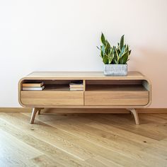 a potted plant sitting on top of a wooden cabinet