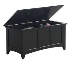 an open black chest with the lid closed