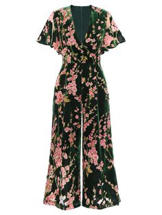 Green Floral Print Jumpsuits And Rompers For Party, Fitted Vintage Floral Print Jumpsuits And Rompers, Color Caoba, Style Vert, Retro Stage, Plum Blossoms, Vintage Jumpsuit, Velvet Jumpsuit, Standard Dress