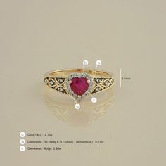 Gold(14K) : 3.10g Diamonds : (VS clarity & H-I colour) : (Brilliant cut ) : 0.19ct Gemstone : Ruby : 0.85ct Princess Cut Diamond Ring With Accent Stones For Promise, Ruby Diamond Ring With Vvs Clarity And Baguette Cut, 14k Gold Diamond Ring For Promise With Center Stone, Diamond Birthstone Ring In Baguette Cut For Promise, Yellow Gold Ruby Rings With Halo Design, Promise Ruby Ring With Center Stone, Ruby Ring With Center Stone For Promise, Promise Ruby Ring With Round Cut Center Stone, Ruby Diamond Ring With Accent Stones And Round Cut