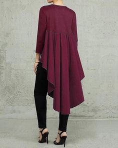 Solid Color Asymmetrical High Low Blouse Flowy Shirts, High Low Blouse, Irregular Hem, Loungewear Set, High Low Hem, Women Dress, Wholesale Clothing, Dress Fashion, Wine Red