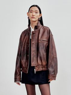 Composition : Cowhide 100%Country of Origin : Republic of Korea Brown Leather Outerwear For Streetwear, Classic Brown Biker Jacket For Streetwear, Luxury Brown Leather Jacket For Fall, Vintage Brown Outerwear For Winter Streetwear, Vintage Brown Fall Streetwear Outerwear, Vintage Brown Fall Outerwear For Streetwear, Distressed Brown Outerwear For Fall Streetwear, Bomber Jacket, Jackets & Coats