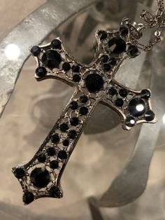 Black plated with jet black crystals . Does come with an adjustable chain. The chain is about 18 inches and is hypoallergenic. Beautiful cross. Pictures do not do justice. 2000s Jewelry, Goth Cross, Black Cross Necklace, Cross Pictures, Lovecore Aesthetic, Beautiful Cross, Crystal Necklaces, Black Cross, Gothic Jewelry