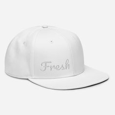 This snapback is all about style! The white "Fresh" embroidered on the front right corner of the white cap is super clean for the beach or a night out. It's structured and high-profile, with a flat visor and a subtle grey under visor.  * 85% acrylic, 15% wool * Structured, 6-panel, high-profile * Plastic snap closure * Grey under visor * Head circumference: 22″-24″ (55-60 cm) * Blank product sourced from China White Curved Bill Fitted Hat For Streetwear, White Fitted Hat With Curved Bill For Streetwear, White Baseball Cap For Summer Streetwear, White Snapback Hat With Flat Brim, White Snapback Hat With Flat Brim For Everyday, White Flat Brim Snapback Hat For Everyday, White Flat Bill Everyday Hats, White Snapback Hat For Streetwear With Flat Crown, White Flat Bill Baseball Cap For Everyday