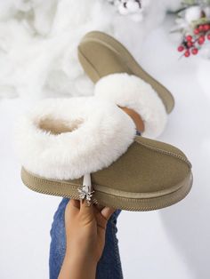 Women's New Style Snow Boots, Autumn/Winter Fashionable Thickened Short Boots, Warm And Non-Slip Slip-On Shoes With Toe Protection Khaki         Women Shoes, size features are:Bust: ,Length: ,Sleeve Length: Flat Slippers With Faux Fur Lining For Winter, Winter Flat Slippers With Faux Fur Lining, Winter Faux Fur Lined Slippers, Warm Casual Winter Slippers, Cozy Winter Slippers With Round Toe, Beige Flat Heel Slippers For Winter, Beige Flat Heel Winter Slippers, Winter Beige Slippers With Round Toe, Casual Winter Slippers With Faux Fur Lining