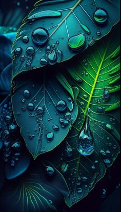 water drops on green leaves with blue background