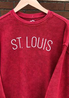 St Louis Womens Red Long Sleeve Corded Crew Sweatshirt - 16650473 Red Oversized Crew Top, Oversized Red Crew Neck Top, Winter Washed Crew Neck Sweater, Crew Neck Washed Sweater For Winter, Washed Crew Neck Sweater For Winter, Trendy Red Sweater For Loungewear, Red Trendy Sweater For Loungewear, Red Collegiate Cotton Sweater, Oversized Red Sweater With Letter Print