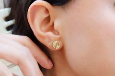 Gold Initials Earrings, Gold Round Initials Earrings, Gold Round Earrings With Initials, Elegant Gold Monogram Earrings, Initials Earrings As Gift, Initials Round Earrings Gift, Round Initials Earrings As Gift, Round Initials Earrings For Gift, Anniversary Earrings With Initials